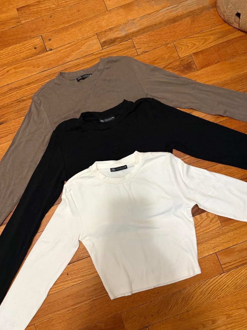 Zara Long Sleeve Crop Top Trio — White, Black, Taupe